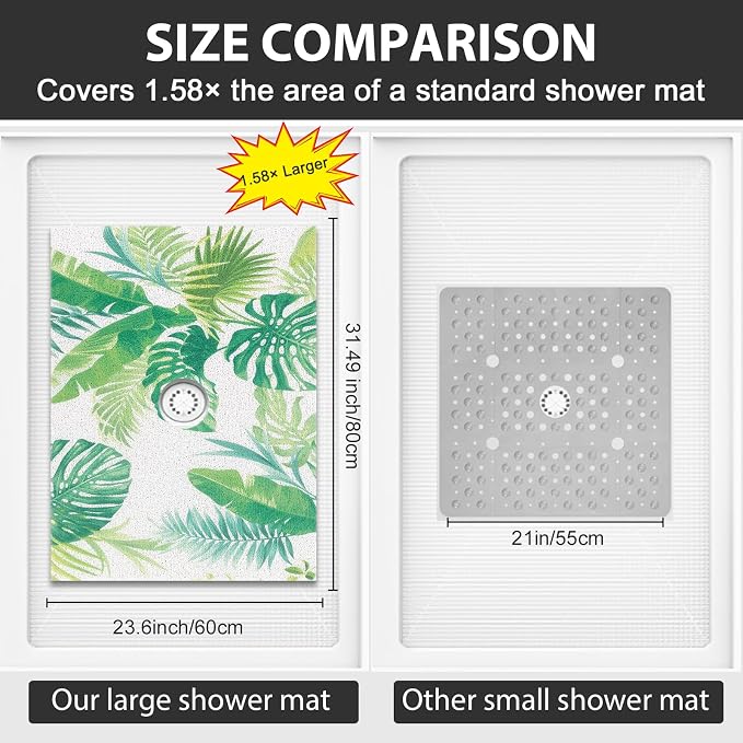 Non Slip Shower Mat: 32x24 Inch Extra Large Shower Mats for Inside Shower with Drain Hole in Middle - Soft PVC Loofah Anti Slip Shower Floor Mat for Standing and Walk-in Shower, Quick Drying