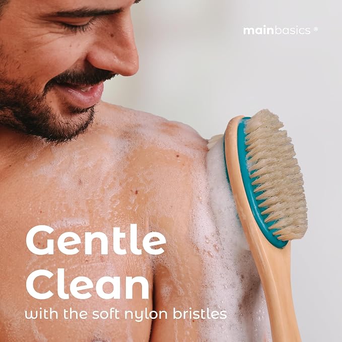 MainBasics Back Scrubber Shower Brush Long Handle Dual Sided Body Brush with Exfoliating Soft Bristles for Back Scrubbing Deep Cleaning and Body Wash (Teal)