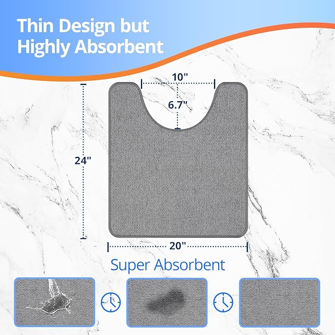 HOMTEB Toilet Rugs U Shaped Washable 24x20, Ultra Thin Toilet Rug Super Absorbent, Toilet Mat Rubber Backing Non-Slip, Toilet Mats Machine Washable Dry Quickly, Contour Bathroom Rugs for Toilet-Grey