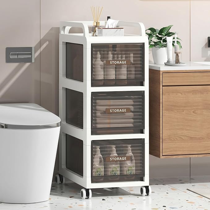 Bathroom Storage with Drawers, 11.8" Wide Wide Slim Storage Cabinet with Wheels for Small Spaces, Narraw Cart for Kitchen Office Bedroom Dinning Room Under Desk, 29.7" Tall