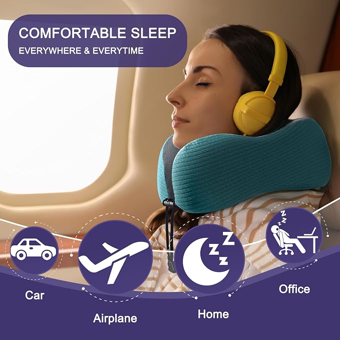 napfun Neck Pillow for Traveling, Upgraded Travel Neck Pillow for Airplane 100% Pure Memory Foam Travel Pillow for Flight Headrest Sleep, Portable Plane Accessories, Teal