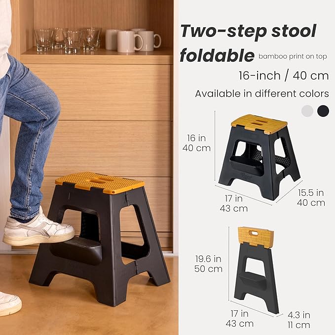 Vigar Compact Folding Step Stool - 16 Inch 2 Step Foldable Step Stool for Adults, Lightweight Portable Stool with Handle, Non Slip Step Stool, Space-Saving Stool up to 330 lb - Black, Bamboo Print Top