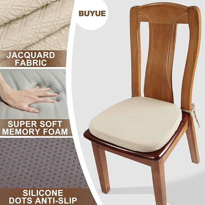 BUYUE Luxury 100% Pure Memory Foam Chair Cushions 4 Pack, Jacquard 16" U-Shape Comfortable Dining Chair Pads, Removable Slip Resistant Kitchen Chair Seat Cushions, (Set of 4, Beige)