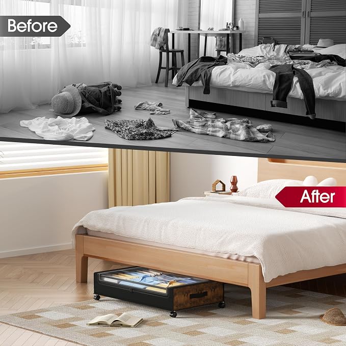Yecaye Under Bed Storage with Wheels, 2Pack Under Bed Storage Containers, Underbed Shoe Storage Organizer, Rolling Under Bed Metal Drawers for Clothes, Blankets, Brown