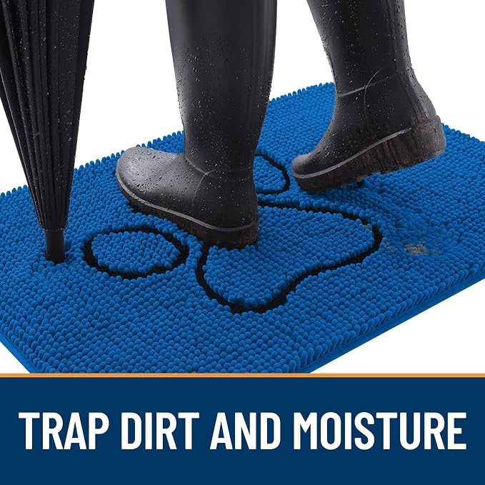 OLANLY Dog Door Mat for Muddy Paws 48x30, Paw Print Design, Absorbs Moisture and Dirt, Non-Slip Washable Doormat, Quick Dry Chenille Mud Mat for Dogs, Entry Indoor Entryway Carpet, Deep Navy Blue