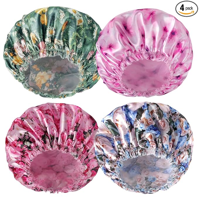 4 PCS Shower Caps for Women, 3D Printing Bath Caps, Double Layers Shower Cap Reusable Waterproof, Bathing Shower Caps, Environmental Protection Hair Bath Hat - Flower B