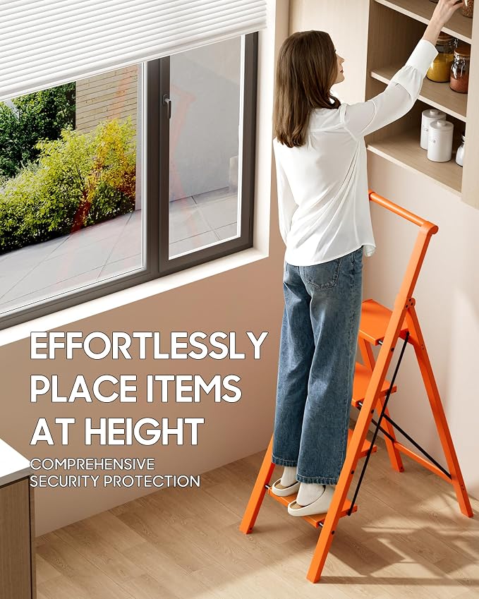 HillhutApex 4 Step Foldable Aluminum Step Ladder with Handgrip, Anti-Slip Pedal, 330 lbs Capacity, Lightweight & Portable for Home, Kitchen, Office, Garage (Orange)