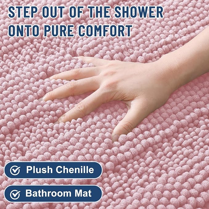 Grandaily Chenille Striped Bathroom Rugs 36x24, Extra Thick and Soft Absorbent Bath Mats, Rubber Backing, Plush Shaggy Shower Carpet, Machine Wash Dry, Bath Rug for Bathroom, Dusty Rose