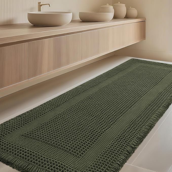 Extra Large Waffle Bath Mat, Boho Woven Modern Bath Rug Absorbent Non Slip, Ultra Soft Bathroom Mats, Machine Washable Knit Bath Rugs with Tassels for Bathroom, Bedroom, Kitchen, 5'x2', Dark Green
