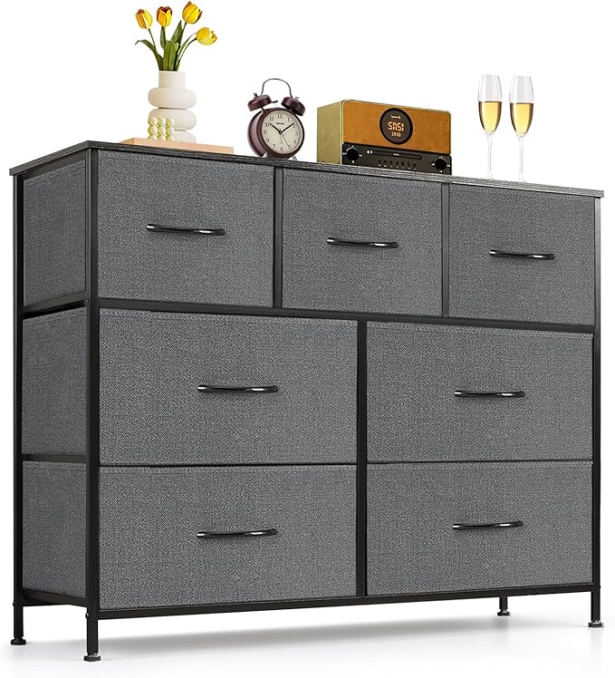 7-Drawer Dresser for Bedroom, Anti-Tip Wide Storage Organizer Fabric Chest of Drawers TV Stand for 45" TV with Wooden Top and Metal Frame for Closet, Living Room, Hallway, Entryway, Gray