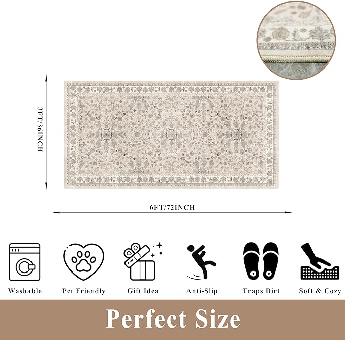 3x6 Kitchen Runner Rug Non Slip Washable - Soft Low Pile Stain-Resistant Wide Carpet Runner for Hallway Entryway Bedroom Bathroom with Rubber Backing - Boho Floral Door Mat(Beige,3x6)