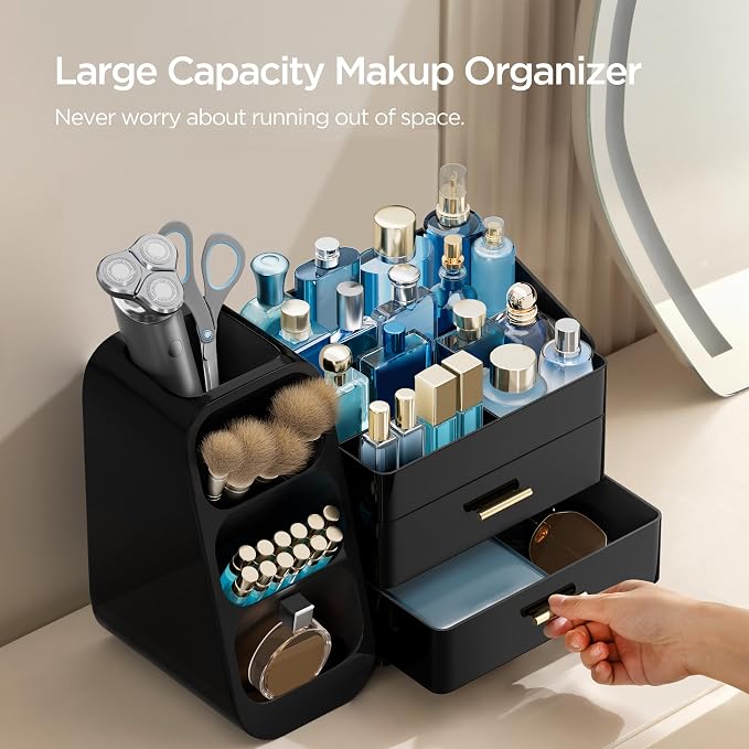 HBlife Cologne Organizer for Men Makeup Organizer with Brush Holder for Vanity, Large Plastic Bathroom Countertop Organizer Skin Care Storage, Fathers Day Gift for Dad Husband, All Black