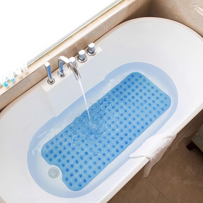 Tree Bud Bathtub Mats for Shower Tub Non-Slip Bath Mat 39 x 16 Inch Extra Long Shower Mat, Bath Tub Mat for Bathroom with Machine Washable, BPA Free for Kids (Clear Blue)