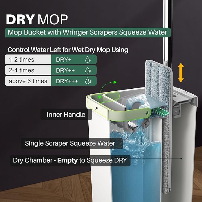 JOYMOOP Flat Mop System, Microfiber Mop and Bucket Set, White, Household & Commercial Floor Cleaning Mop with Long Handle, Wet & Dry Cleaning for Hardwood Floors, Includes 5 Pads