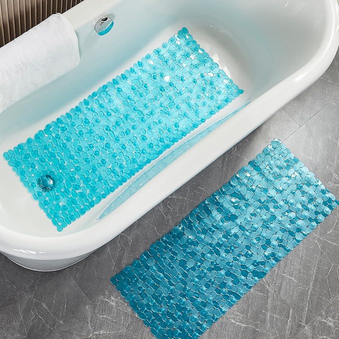 Webos Bath Shower Mat Non Slip: Extra Large Pebble Bathtub mat for Families, Anti Slip Shower Matt with Drain Holes Suction Cups Tub Mat - 16 X 40 Inch Clear Green