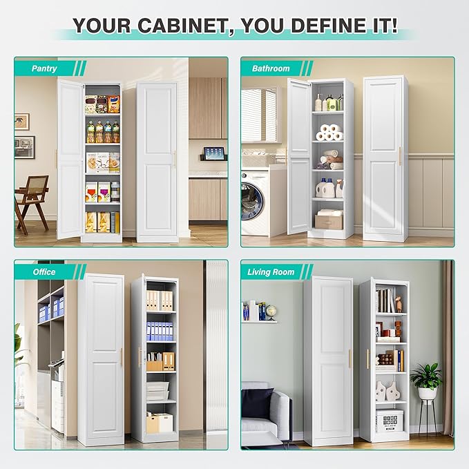 SISESOL 71" Tall Narrow Storage Cabinet with 1 Door and 5 Shelves,Slim Kitchen Pantry Cabinet,White Metal Bathroom Cabinets,Large Cupboard for Home,Kitchen,Laundry,Bathroom