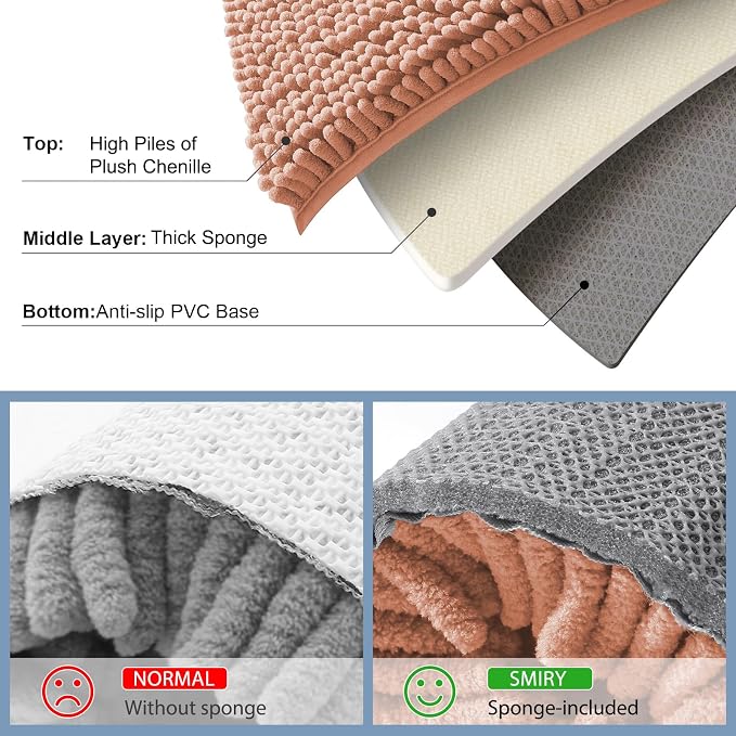 Smiry Luxury Chenille Bathroom Rugs 24x16, Extra Soft and Absorbent Shaggy Bath Mat, Machine Washable, Non-Slip Plush Carpet Runner for Tub, Shower, and Floor, Home Decor Accessories, Peach
