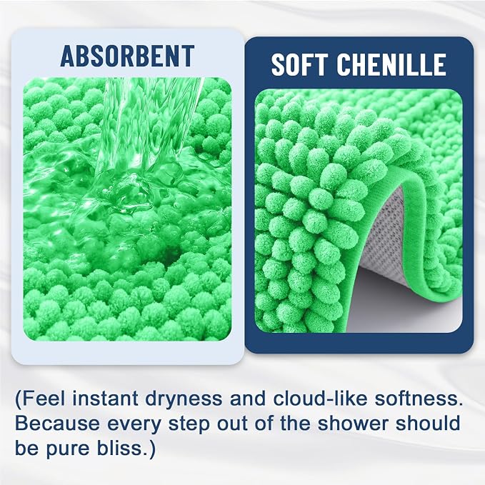 Grandaily Chenille Striped Bathroom Rugs 24x16, Extra Thick and Soft Absorbent Bath Mats, Rubber Backing, Plush Shaggy Shower Carpet, Machine Wash Dry, Bath Rug for Bathroom, Mint Green