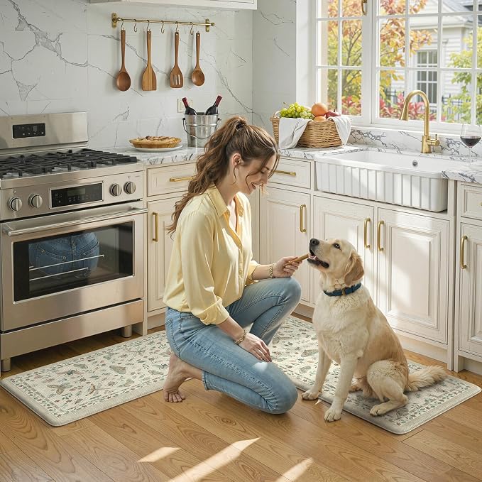 LEEVAN Anti Fatigue Mats for Kitchen Floor Non-Slip, Cushioned Kitchen Mats for Floor 2 Piece, Tan Memory Foam Kitchen Mat Set, Waterproof Ergonomic Standing Mat for Bar, Office,Desk, Laundry