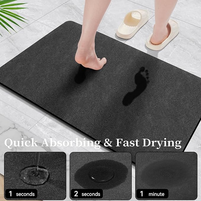 Bath Mat Rugs 32x17 - Diatomaceous Earth Bath Mats Quick Dry Absorbing Bathroom Rugs Rubber Non Slip Thin Bathroom Mat Fit Under Door, Dark Grey