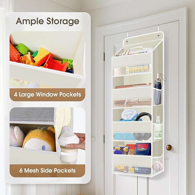 SpaceHacks 2 Pack Over The Door Organizer, Hanging Storage Organizer with Clear Window, 40lb Ultra Sturdy Large Capacity Room Organizer for Pantry Laundry Bathroom Nursery Closet (Beige)