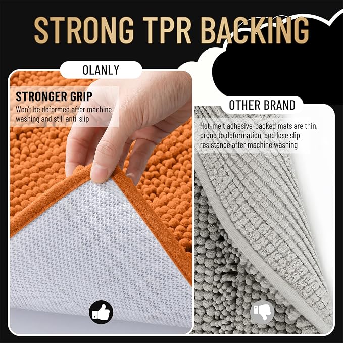 OLANLY Thick Bathroom Runner Rugs 44x24, Extra Absorbent Chenille Striped Bath Rugs, Rubber Backing, Machine Wash Dry, Long Bath Mats for Bathroom Floor, Tub and Shower, Home Decor Accessories, Clay