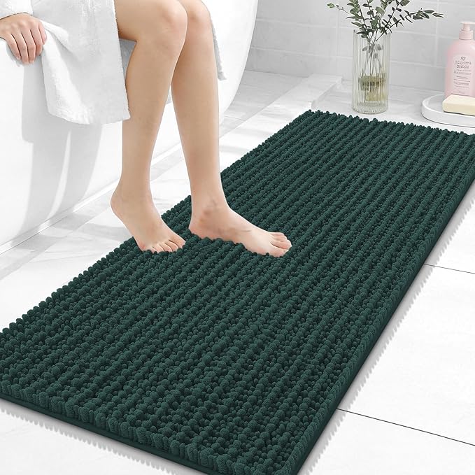 OLANLY Long Bathroom Rugs Runner 47x20, Thick Soft and Absorbent Chenille Bath Mat, Non-Slip, Machine Washable Quick Dry Bath Rugs for Tub Shower Floor, Home Decor Accessories, Blackish Green