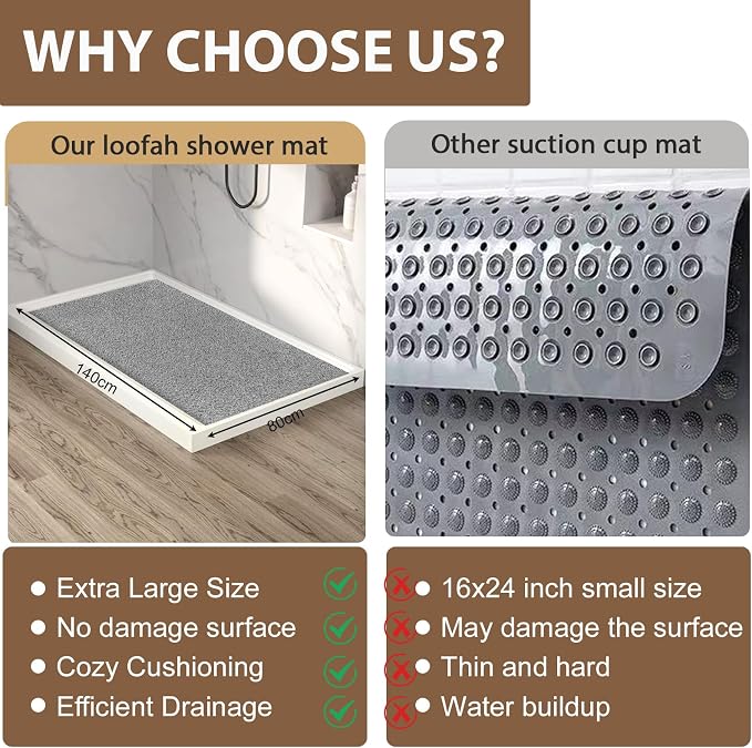 Shower Mat Non Slip: 55 x 31.5 Inch Extra Large Shower Mats for Inside Shower with Drain Hole - Soft PVC Loofah Anti Slip Shower Stall Mat for Walk-in Shower and Bathroom, Quick Drying