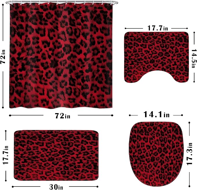4 PCS Black Red Leopard Print Shower Curtain Set 72Wx72H,Toilet Lid Cover,Non-Slip Rugs and U-Shaped Mat,Wild Cheetah Bathroom Sets with Rugs with 12 Hooks for Bathroom Decor