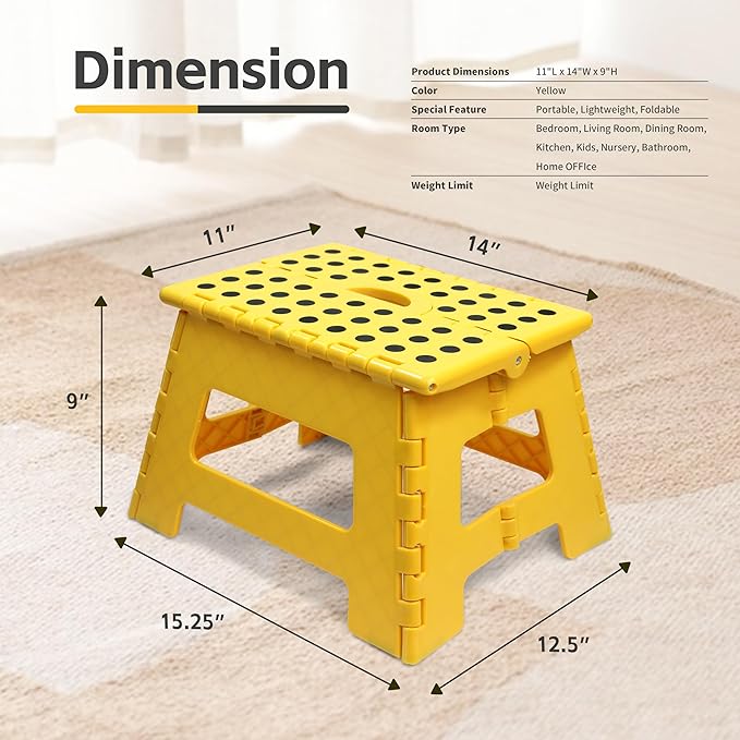 MaxWorks 50969 Folding Step Stool - 9" Height, 330 lbs Capacity - 16 Steel Rods for Enhanced Strength - Lightweight, Durable Plastic Stool for Kitchen, Bathroom, Living Room - Yellow