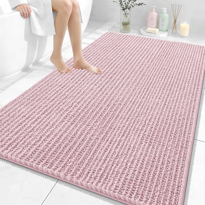 OLANLY Bathroom Rug Mat 59x35, Thick Soft and Absorbent Chenille Bath Mat, Non-Slip Rubber Backing, Machine Washable Quick Dry Bath Rugs for Tub Shower Floor, Home Decor Accessories, Dusty Rose