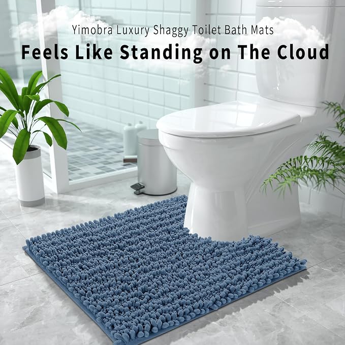Yimobra Toilet Rug U Shaped Washable 24x24 Inch - Ultra Soft Absorbent Chenille Bath Rugs for Toilet, Quick Dry & Machine Washable, Non Slip Contour Bathroom Mat, Denim Blue