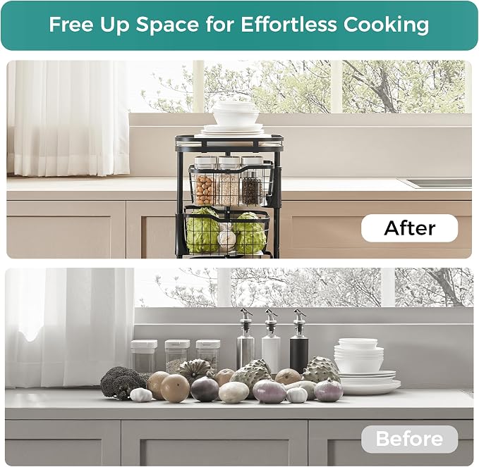 5 Tier Kitchen Fruit Vegetable Storage Cart with One-Piece Rotating Basket, Pantry Organizer Shelf Rack Floor Stand for Veggie Onion Potato Produce Spice, Rolling Snack Cart on Wheels, Black