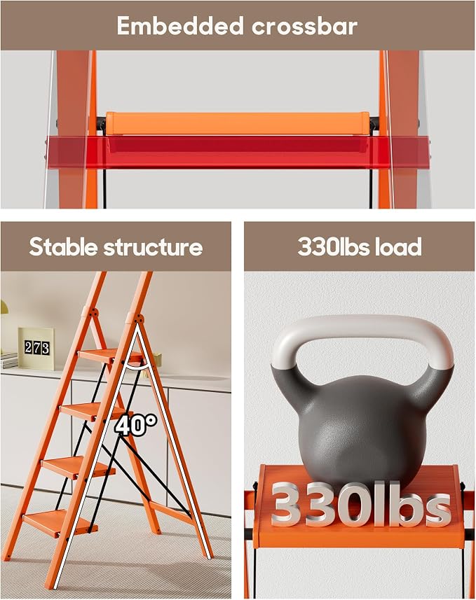 HillhutApex 4 Step Foldable Aluminum Step Ladder with Handgrip, Anti-Slip Pedal, 330 lbs Capacity, Lightweight & Portable for Home, Kitchen, Office, Garage (Orange)