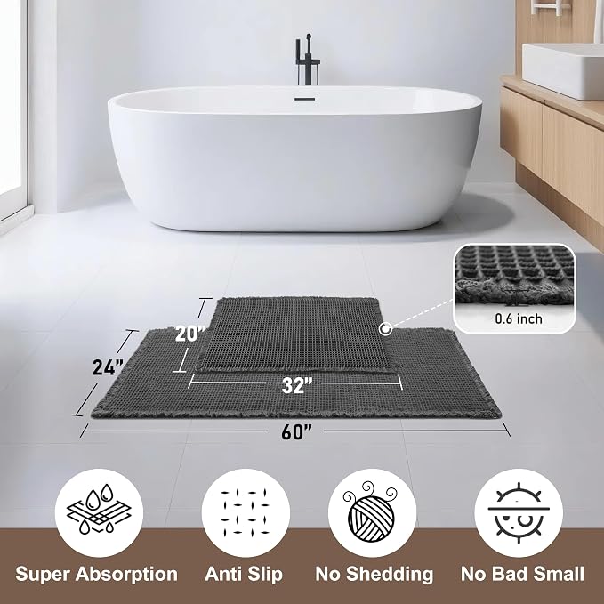 JIUZHEN Set of 2 Waffle Bath Mats Non Slip Waffle Bathroom Runner Rug Washable Boho Runner Bath Rugs Super Absorbent Shower Mat for Bathroom Kitchen Hallway Laundry, 20" x 32" +24" x 60", Black