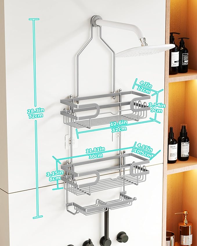 HapiRm Bathroom Hanging Shower Caddy - Rustproof Shower Shelf with 12 Hooks and 2 Soap Holders, No Drilling Bathroom Organizers and Storage - Silver
