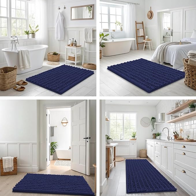 Smiry Bathroom Rugs Mat 24x16, Extra Soft Absorbent Chenille Bath Rugs, Non Slip Rubber Backing Machine Washable Quick Dry Bath Mats for Bathroom Floor, Tub, Shower, Home Decor Accessories, Deep Blue
