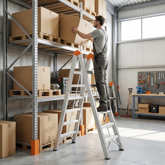 APARECIUM Aluminum Ladder, Foldable Twin Front A Frame 6-Step Ladder with Wide Anti-Slip Pedal, Compact Portable Lightweight Step Stool, EN131, 330lb Capacity