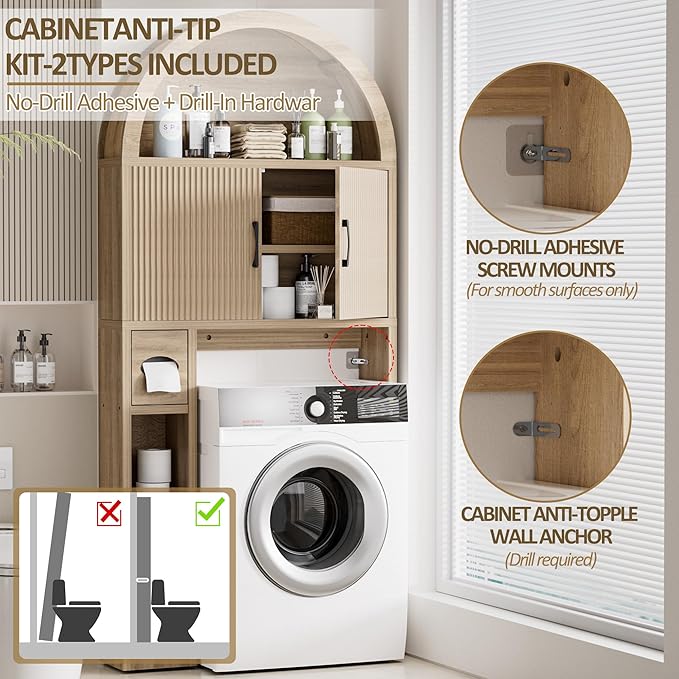 Spurgehom Over The Toilet Storage Cabinet, Bathroom Shelf Organizer Freestanding, Bathroom Arch Cabinet Over Toilet with Toilet Paper Holder and Anti-Tipping Device, Wood