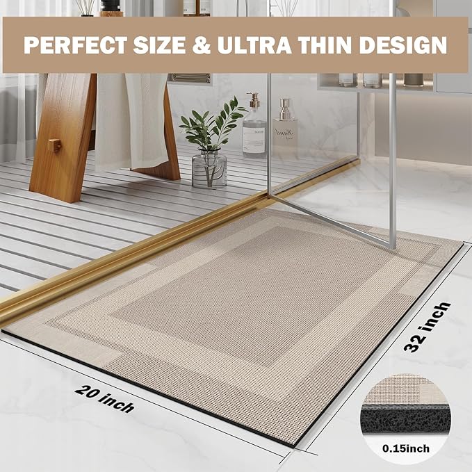 YDKGL Non Slip Bath Mat, Rubber Backing Ultra Thin Bathroom Rugs Fit Under Door Quick Dry Super Absorbent Washable Bath Rug Shower Mat for Bathroom Floor Bathtub Shower Sink, Easy Care Beige 20"x 32"