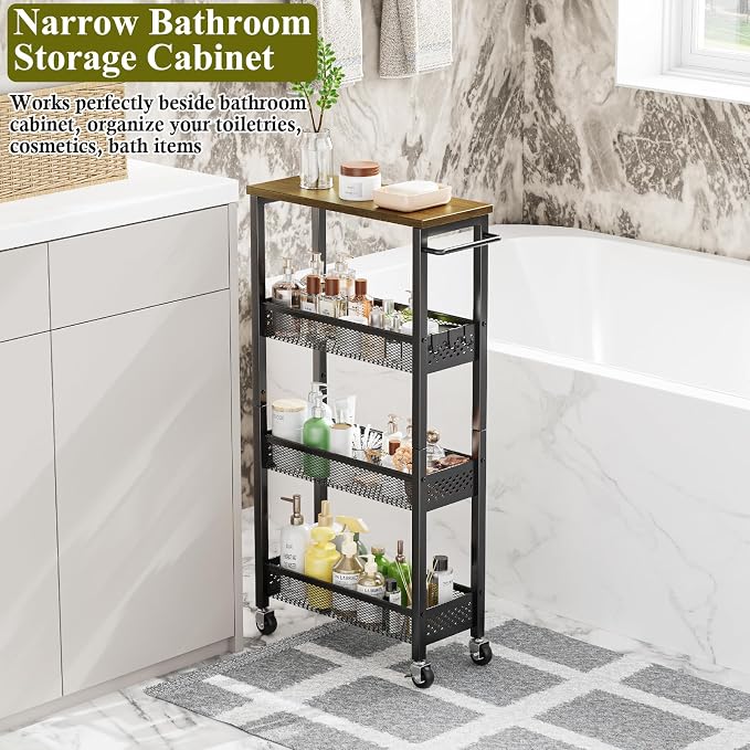 OKZEST Utility Slim Storage Cart, 4 Tier Small Rolling Kitchen Laundry Room Cart with Wood Top, Metal Narrow Bathroom Storage Cabinet Mobile Shelf Unit Organizer Trolley with Handle for Narrow Space
