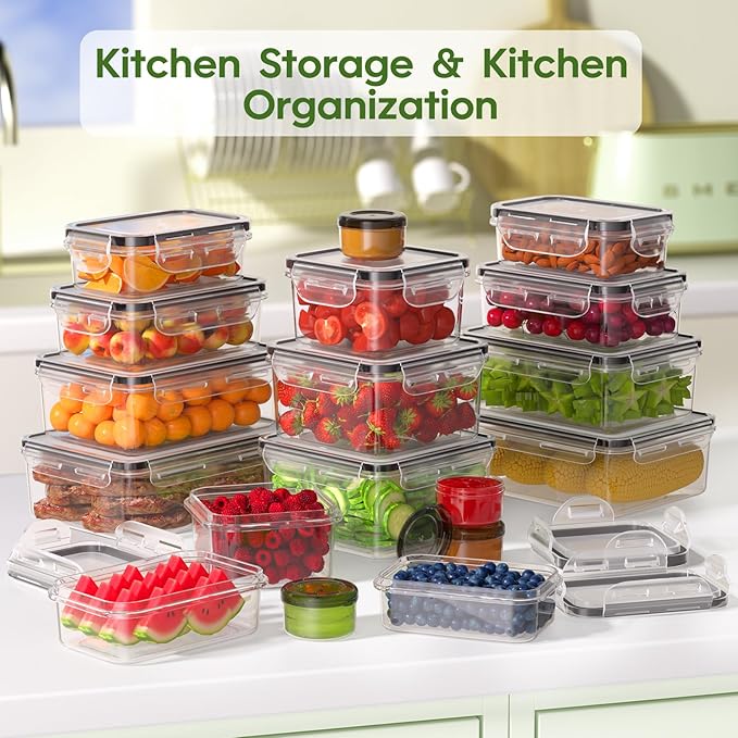 KEMETHY 36-Piece Food Storage Containers with Lids(18 Container & 18 Lid), Plastic Food Containers for Pantry & Kitchen Storage and Organization, BPA-Free, Leak Proof, Reusable with Labels & Pen