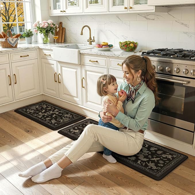 LEEVAN Cushioned Kitchen Mats for Floor 2 Piece, Anti Fatigue Mats for Kitchen Floor Non-Slip, Black Memory Foam Kitchen Mat Set, Waterproof Ergonomic Standing Mat for Bar, Office,Desk, Laundry