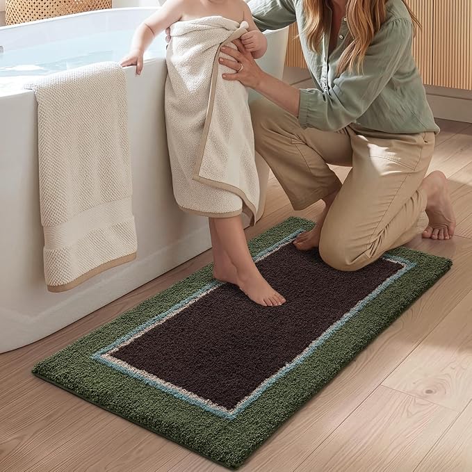DEXI Bathroom Rugs 43x24, Absorbent Extra Soft Plush Microfiber Bath Mat for Bathroom, Non Slip Washable Bathmat Quick Dry for Shower Floor, Sink, Tub, Laundry Room, Green and Brown