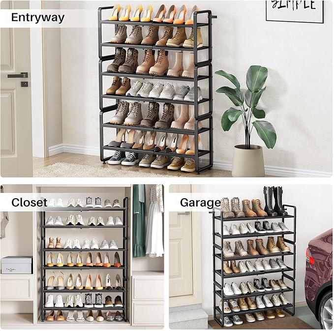 SNTD Shoe Rack - Expandable Shoe Organizer for Closet, Adjustable Metal Shoe Shelf Storage, Stackable Long Shoe Stand Holder for Garage, Entryway, Door Entrance (Black, 6-Tier)