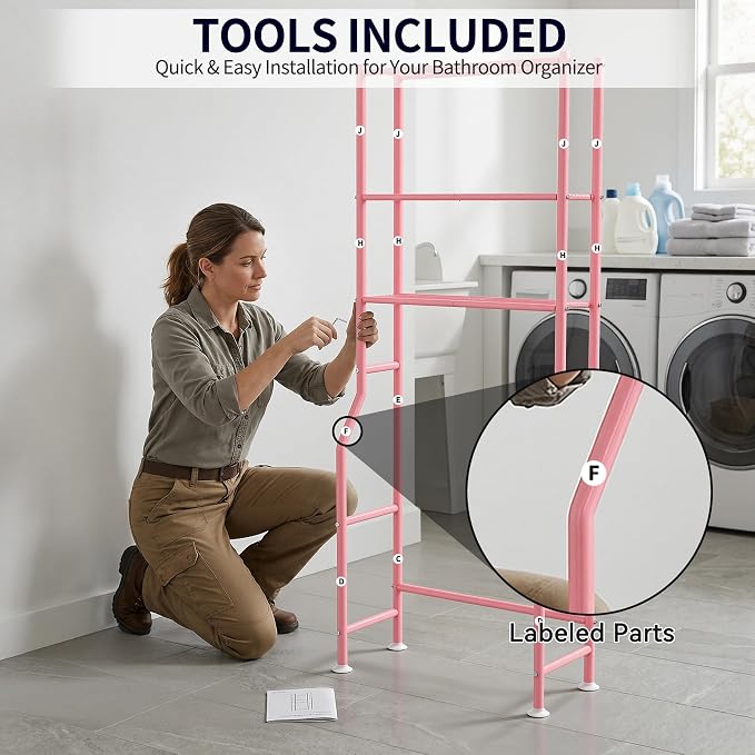 3-Tier Over The Toilet Storage, Freestanding Metal Bathroom Shelves, Space Saver Above The Over Toilet Storage Shelf for Bathroom (Pink)