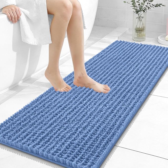 OLANLY Long Bathroom Rugs Runner 47x17, Thick Soft and Absorbent Chenille Bath Mat, Non-Slip, Machine Washable Quick Dry Bath Rugs for Tub Shower Floor, Home Decor Accessories, Cornflower Blue