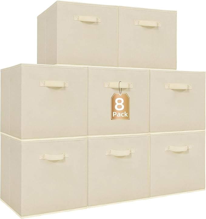 STORAGE MANIAC Storage Cubes, 13 Inch Collapsible Storage Bins with Handles, 8 Pack Fabric Foldable Bins for Organization, Durable Storage Bins for Closet, Shelves, Offices, 8-Pack Beige