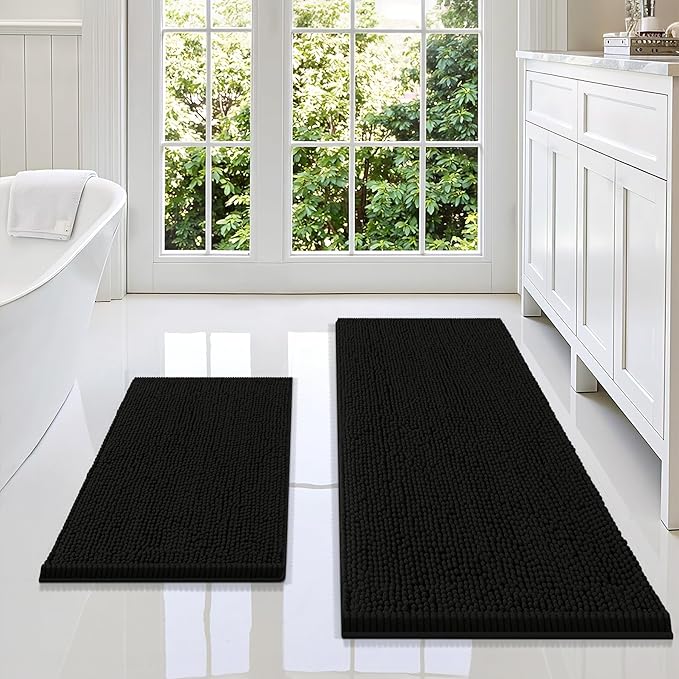 Smiry Bathroom Rugs Sets 2 Piece, Soft Absorbent Chenille Machine Washable Non Slip Shaggy Bath Rug Set for Tub, Shower, and Floor (47x17+24x16, Black)