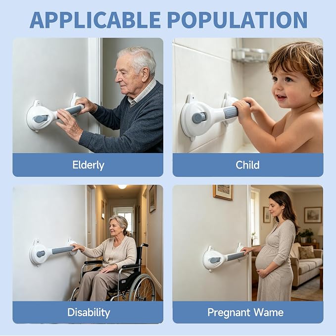 Suction Cup Grab Bars,16.5 Inch Anti Slip Bathroom Grab Bar, No Drill Handicap Grab Bars, Removable Safety Support Handrail, Assist Bath Shower Handle for Elderly Injury Senior (1.37" Dia, 1 Pack)